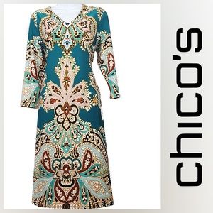 CHICO'S NWT Size 4/6 Country Fleur-Print A-Line Tapestry Teal Dress